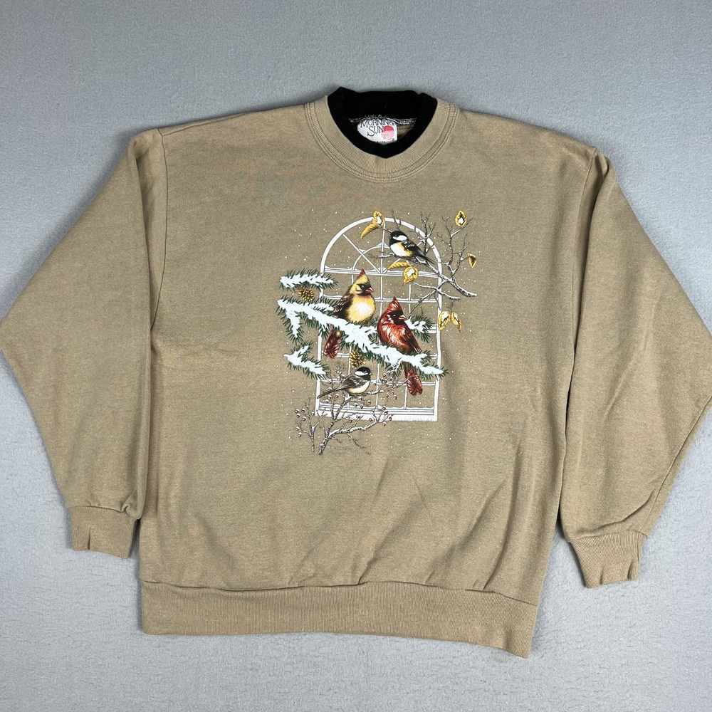 VTG Morning Sun Bird‎ Graphic Sweatshirt Mens Large Nature Wildlife 90s Winter